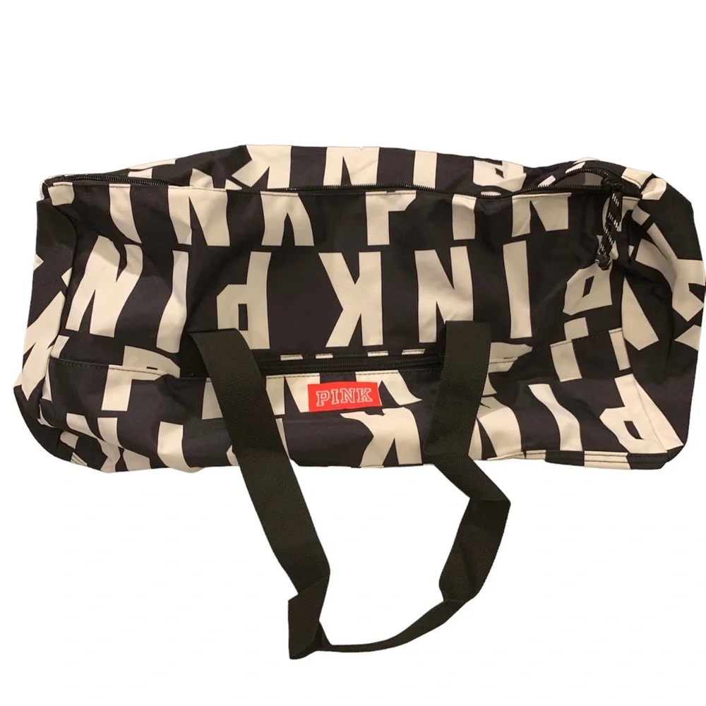 PINK Victoria's Secret PINK all over Logo in Black White Duffle Tote Gym bag - Picture 3 of 6